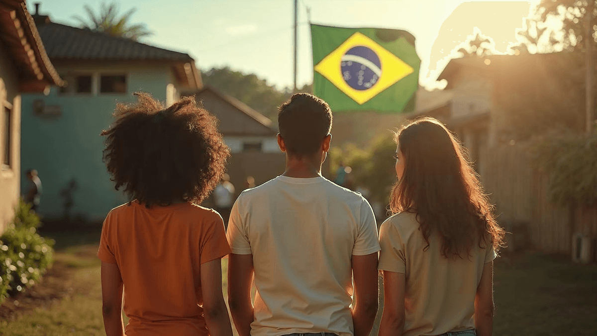 Familia brasileira diversa de costas em quintal com bandeira do Brasil ao fundo - vigilancia preventiva dengue - golden hour Padrao F2 canon