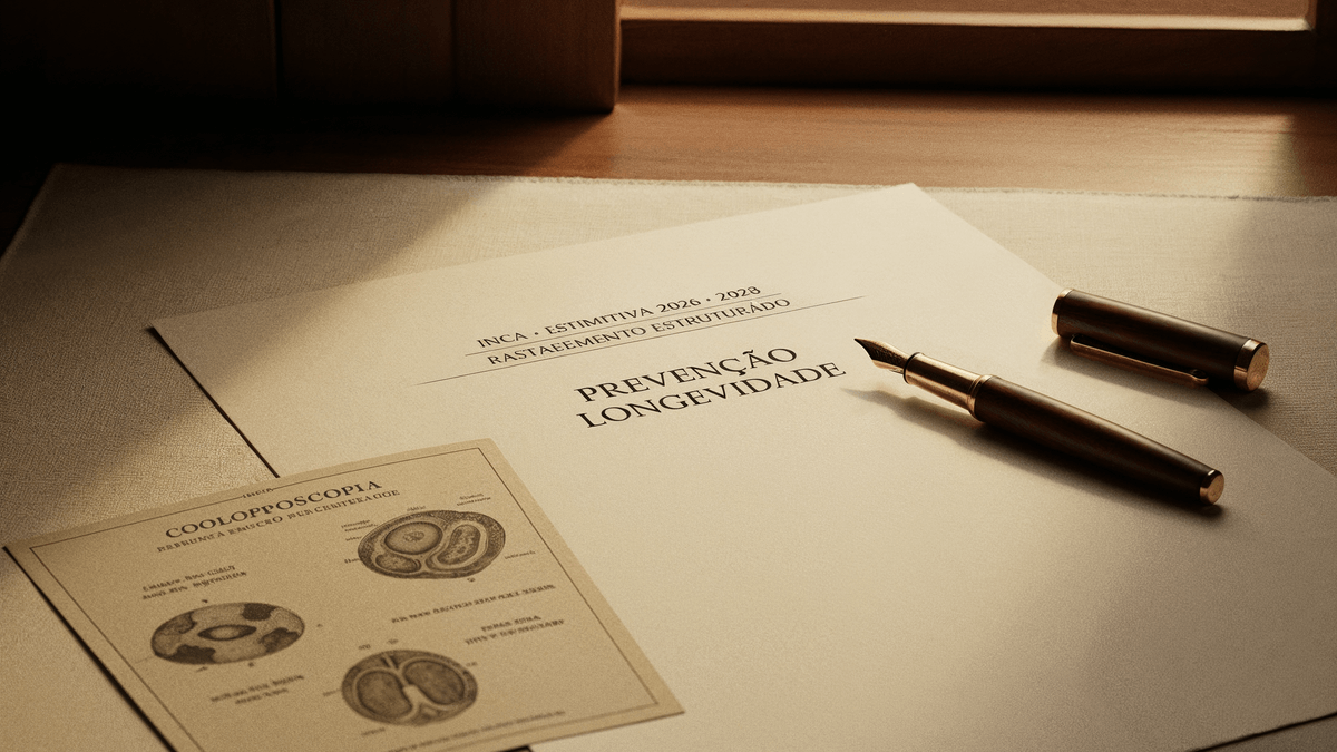 INCA Estimativa 2026-2028 · still-life papel rastreamento estruturado 781 mil casos câncer/ano · canon institucional dignified prevenção longevidade C+Med
