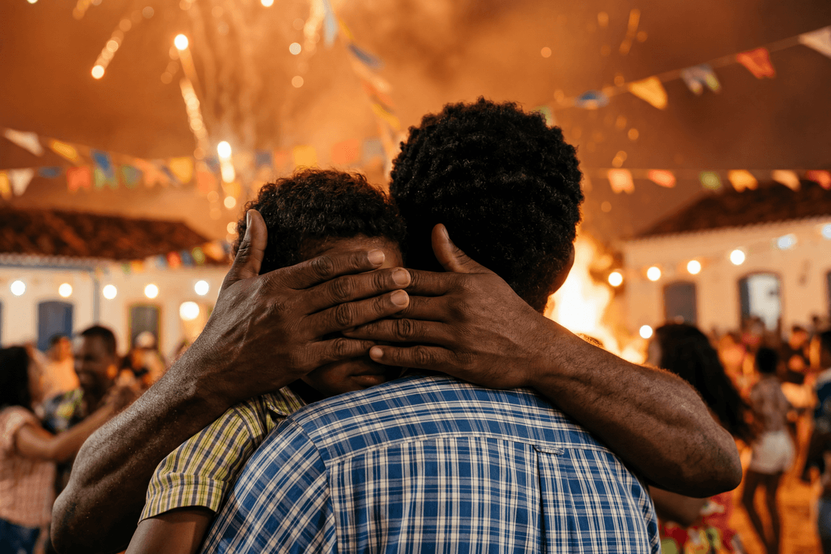 Capa editorial C+Med · proteção dos olhos no São João do Recôncavo (Guerra de Espadas e fogos).